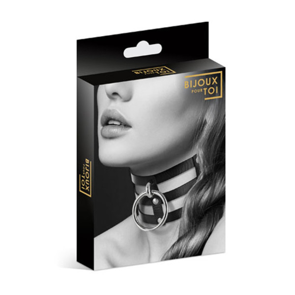 Collier en cuir noir SM triple lanière avec anneau métal argenté 